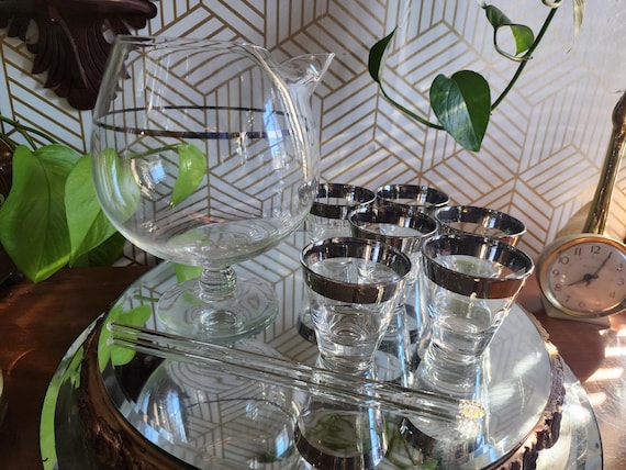 Vintage 50's - 60's Silver Rimmed Martini Pitcher, Glass Stir Stick and Glasses - Dorothy Thorpe Style
