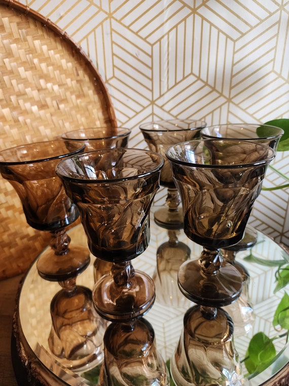 6 Vintage Fostoria Glass Jamestown Brown Juice Glasses