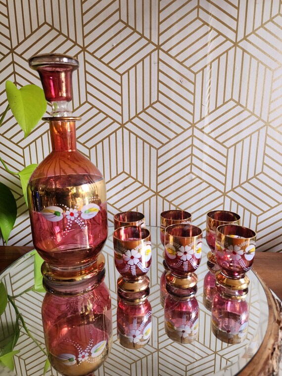 Vintage Cranberry Glass Bohemian Liquor Decanter and 6 Shooter Glasses | Handpainted Flowers