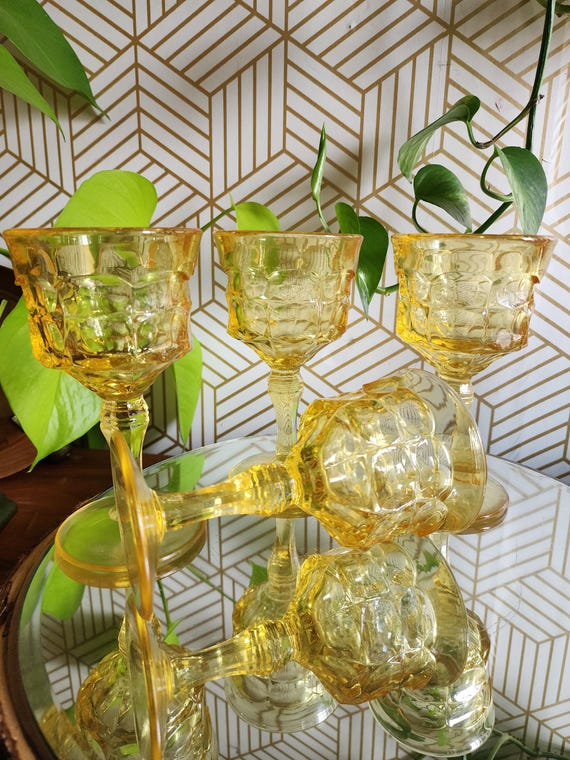 Vintage Indiana Tiara Glass Constellation Yellow Mist Goblet Set