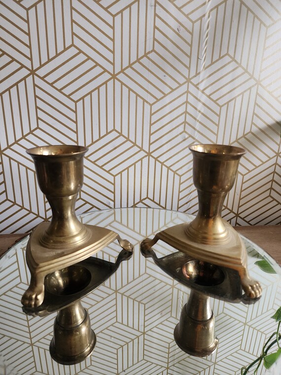 Vintage Pair of Clawfoot Candlesticks | Set of 2 Vintage Brass Candle Stick Holders | Gold Taper Candleholders