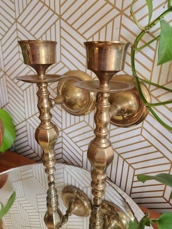 Vintage Pair Gatco Solid Heavy Brass Wall Sconce Candlestick Holders