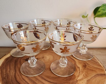 Set of 6, Vintage Libbey Starlyte Cordials, Gold Leaves Frosted