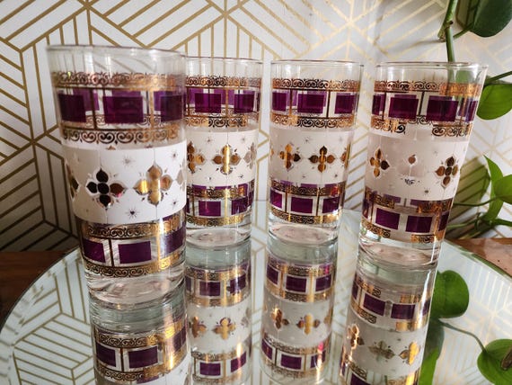 Vintage Culver Starburst Gold and Purple Highball Bar Glasses