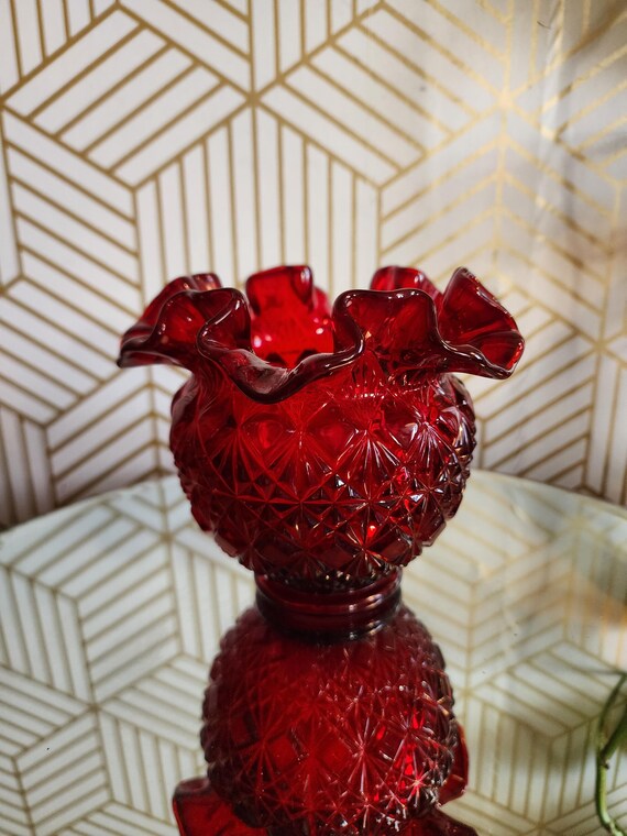 Fenton Ruby Red Diamond Star Cut Rose Vase - Amberina- Glows. 4"