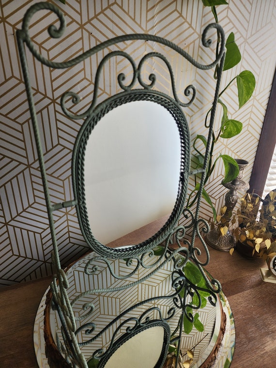 Vintage Large Green Tilting Dresser Mirror on Scrolled Metal Frame, Braided Metal Wire Vanity Mirror