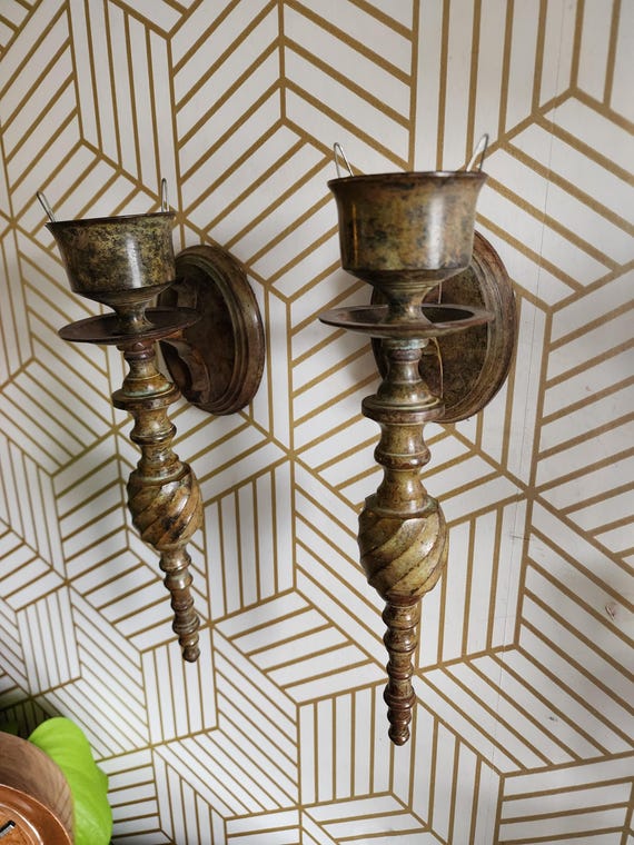 Vintage Pair Gatco Solid Enameled Brass Wall Sconce Candlestick Holders