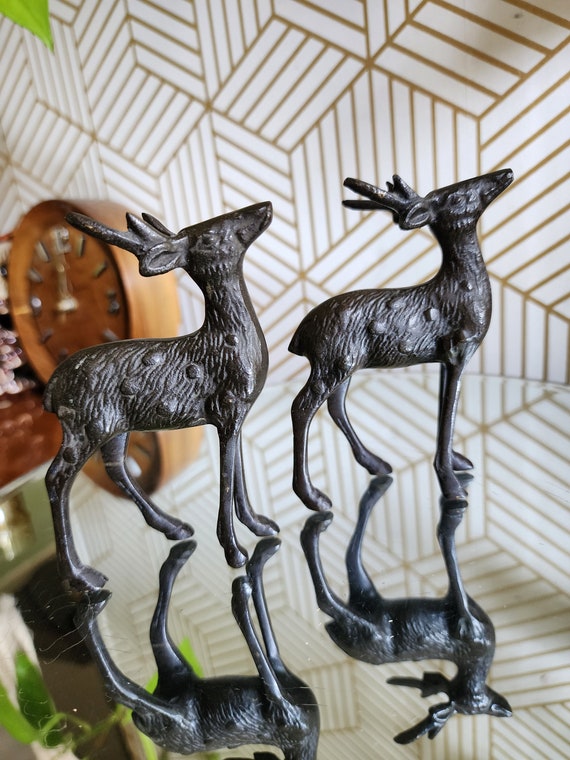 Vintage Pair Bronze Black Brass Deer 4.5"