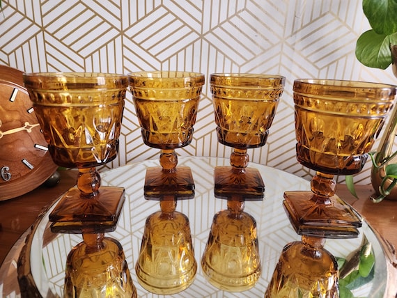 Vintage Indiana Glass Colony Park Lane Amber Wine Water Footed Goblets. Set of 4.