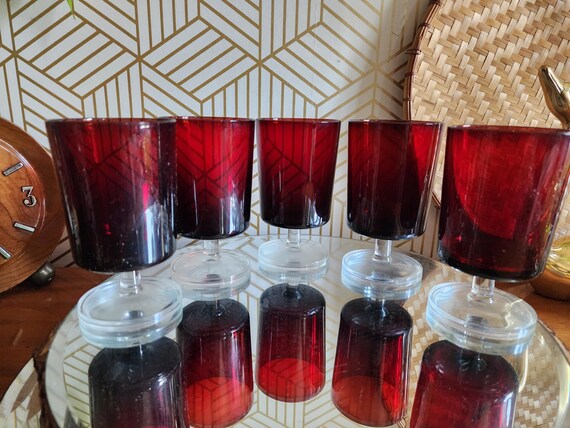 Vintage Ruby Red French Arcoroc Wine Glasses Set of 5
