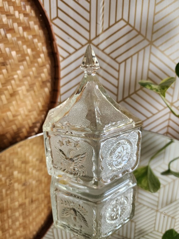 Vintage Indiana Glass Eagle & Star Hexagon Covered Dish