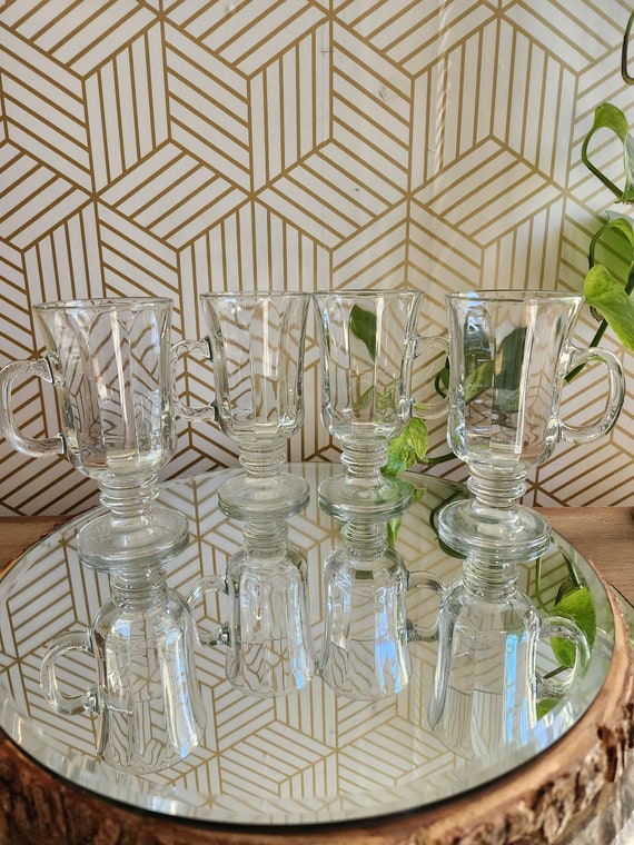 Set of 4 Vintage Libbey Milan Irish Coffee Mugs - Vintage Clear Glass Mugs - Pedestal Glass Cups