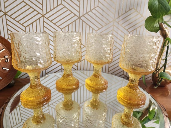 Set of 4 Vintage Lenox Crystal Impromptu Yellow Goblets | Wine Glasses | MCM Glasses