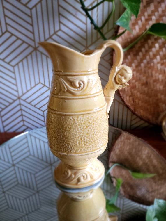 Vintage Gambles Yellow Cherub Angel Pitcher - Vase - Planter Mid Century