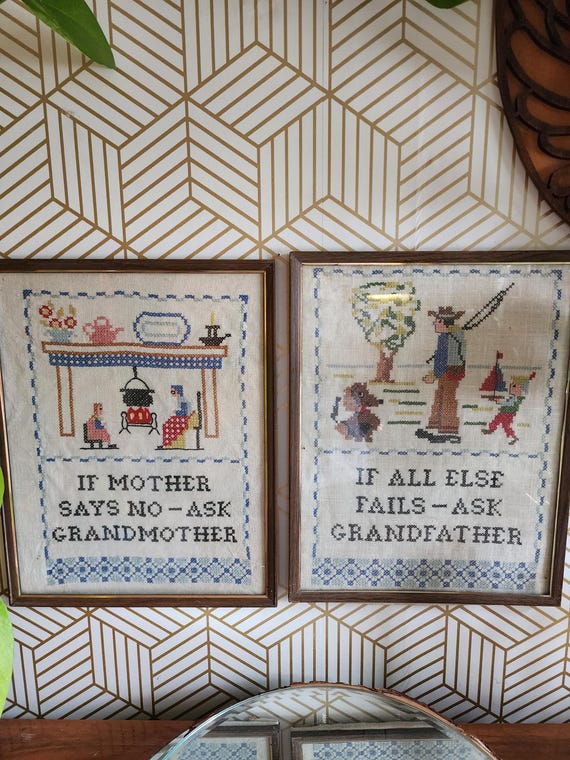 Vintage 1970s Framed Cross Stitch Embroidery Pair "Grandparents" 11x14