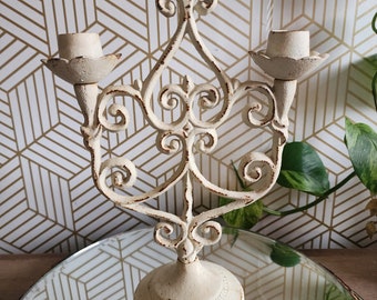 Rustic Cast Iron Candelabra 2 Arm Candlestick Holder with Distressed White Painted Finish