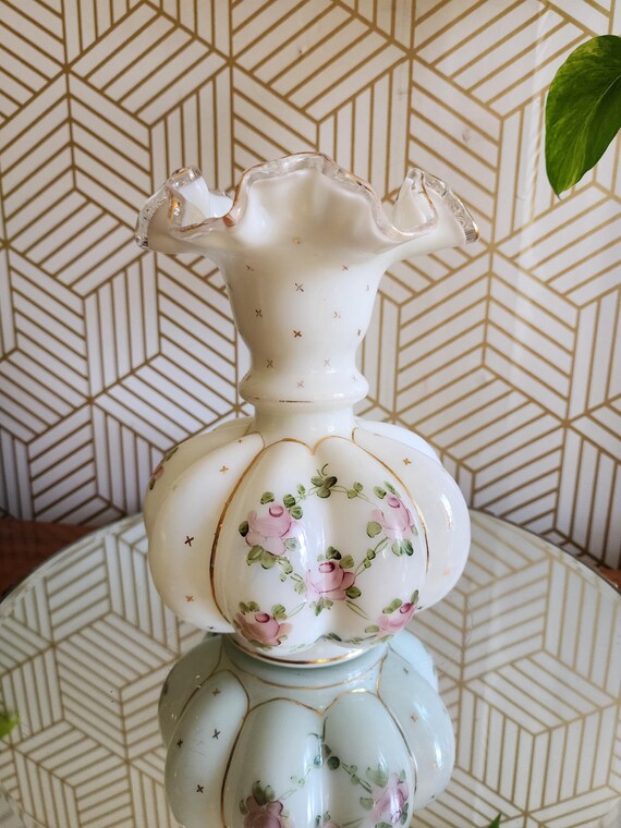 Fenton Hand Painted 1940’s Charleton Roses Bow Tie Melon Vase Gold Rim 8” RARE