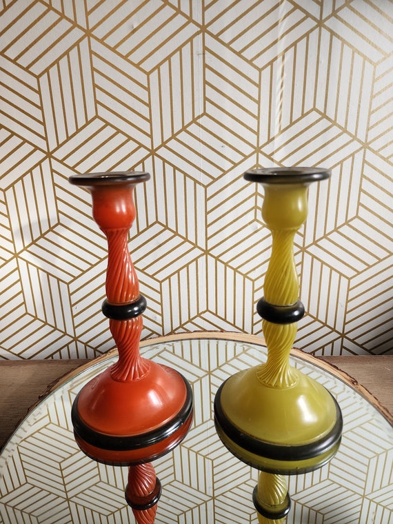 Beautiful Antique Art Deco Glass Red and Yellow Candlestick Holders