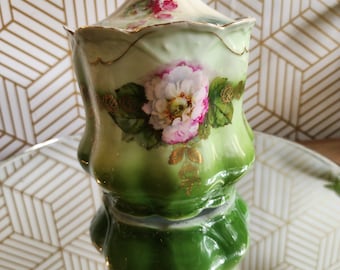 Vintage Lefton China Heritage Porcelain Rose Green Biscuit/Cookie Jar with Lid