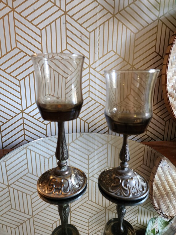 Antiqued Vintage Candelrama Smoked Brown Glass Votives on Brass Ornate Stems