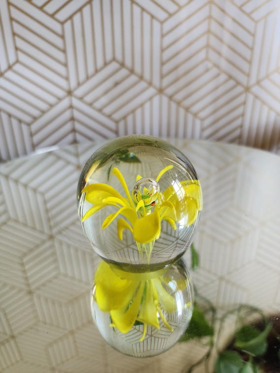 Vintage Handblown Yellow Flower Glass Paperweight - Controlled Bubbles