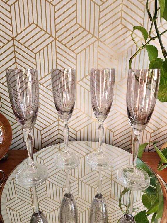 Vintage Bohemia Crystal Champagne Flutes Lavendar Smoke Set of 4