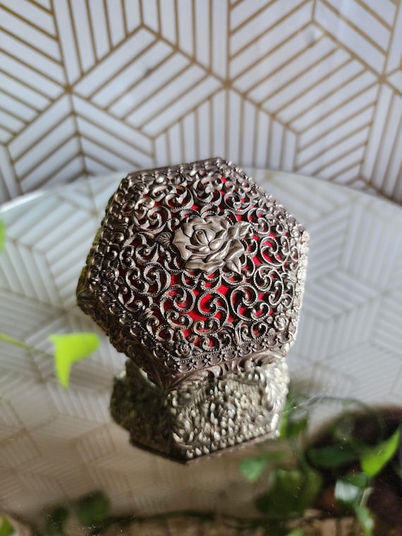 Vintage Silver Plated Ornate Hexagon Jewelry Trinket Box Red Velvet Lining