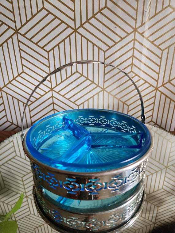 Vintage Aqua Blue Divided Glass Dish with Chrome Caddy