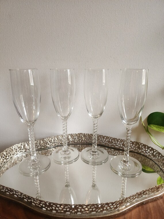 4 Vintage Angelique Cristal D’Arques Durand Twisted Stem Fluted Champagne Glass Twisted 4 oz.
