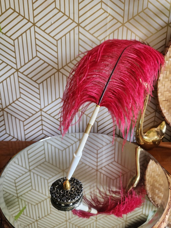 Vintage Magenta Pink Ostrich Plume Feather Pen With Holder Stylecraft