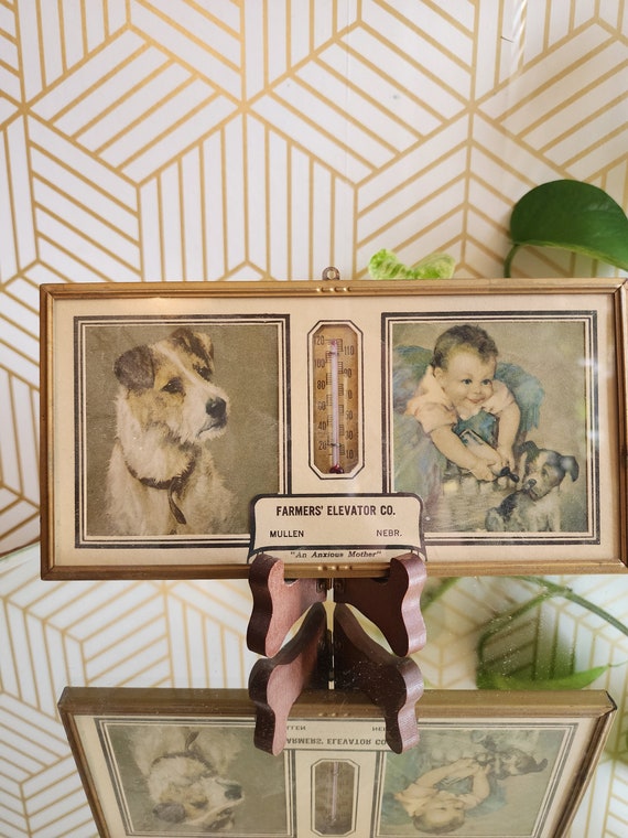 Vintage Framed Advertising Thermometer,  Mullen Nebraska. Dog & Baby 1948.(SB198)