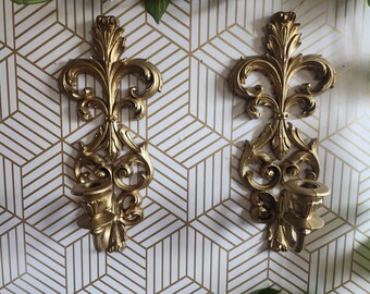 Vintage Burwood Resin Scroll Fleur De Lis Candlestick Wall Sconces