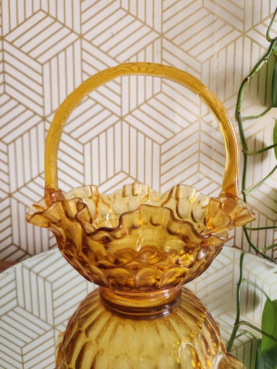 Vintage Fenton Hand Made Amber Colonial Handled Glass Basket, Gold Glass Basket w Ruffled Edge