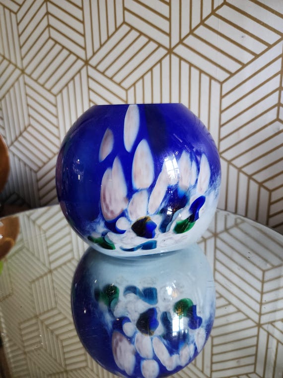 Vintage Handblown Glass Blue Multicolor Bowl Vase - Italy