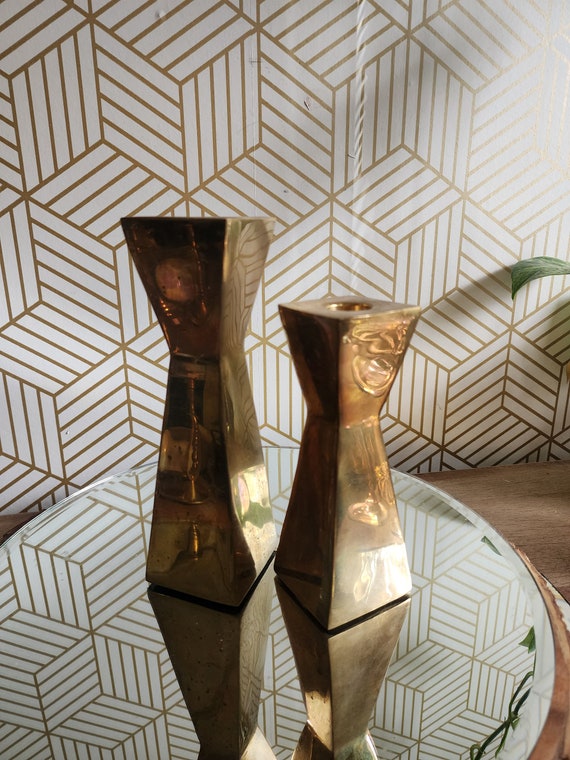 Pair of Mid Century Modern Brass Square Inverted Double Pyramid Tapered Candlesticks