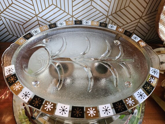 Vintage Atomic Retro Inland Glass Platter Tray and Warmer Stand Starburst Black & Gold
