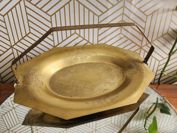 VIntage Brass Engraved Octagonal Serving Tray with Handle