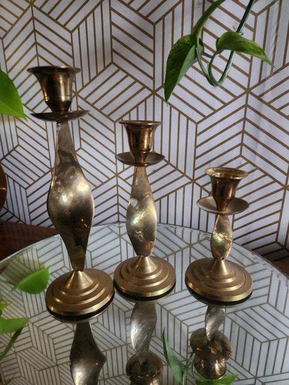 Vintage Brass Ribbon Twist Taper Candlestick Holders Set of 3