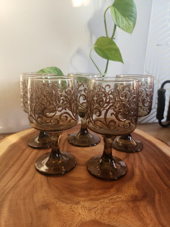 Set of 5 Mid Century Libby Prado Empire Scroll, 70’s Stemware Set, Cordial Glasses