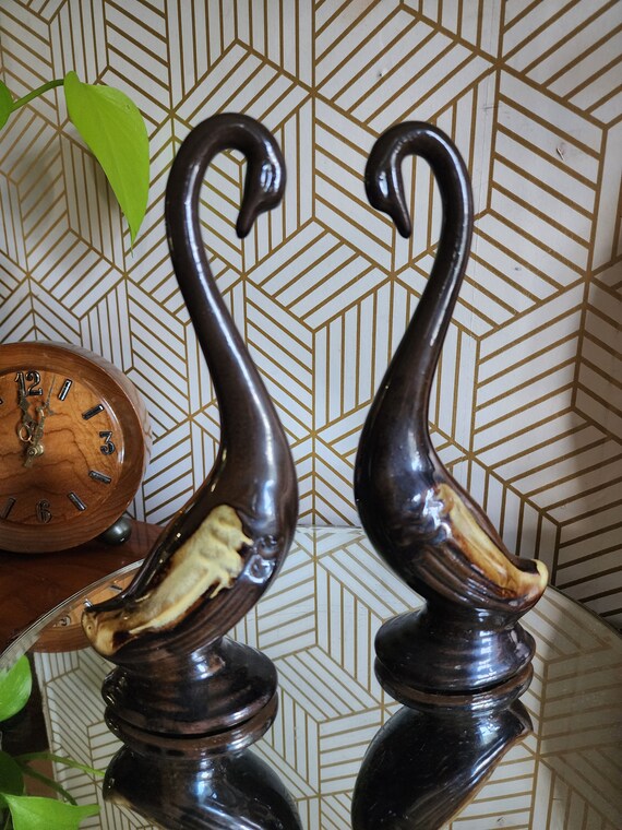 Vintage Enesco Redware Pottery Brown Swans Pair Drip Glaze Wings Statue Figurine