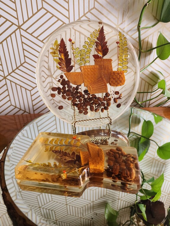 Vintage Lucite Trivet and Spoon Rest - Coffee Beans and Flowers