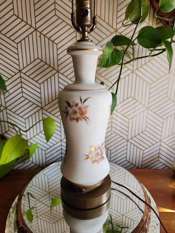 Vintage French Antique Capodimonte Style Floral Satin Glass Table Lamp