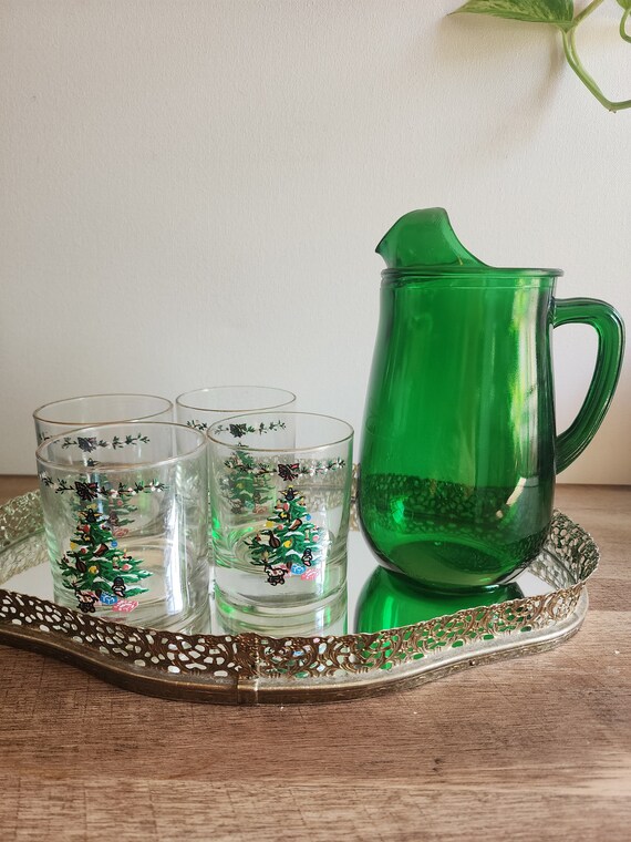 1979 Montgomery Wards Holiday Christmas Tree Glasses/Anchor Hocking Forest Green Pitcher with Ice Lip