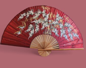 Vintage Fabric and Bamboo Hand Painted Extra Large Wall Fan Made In Thailand 60"