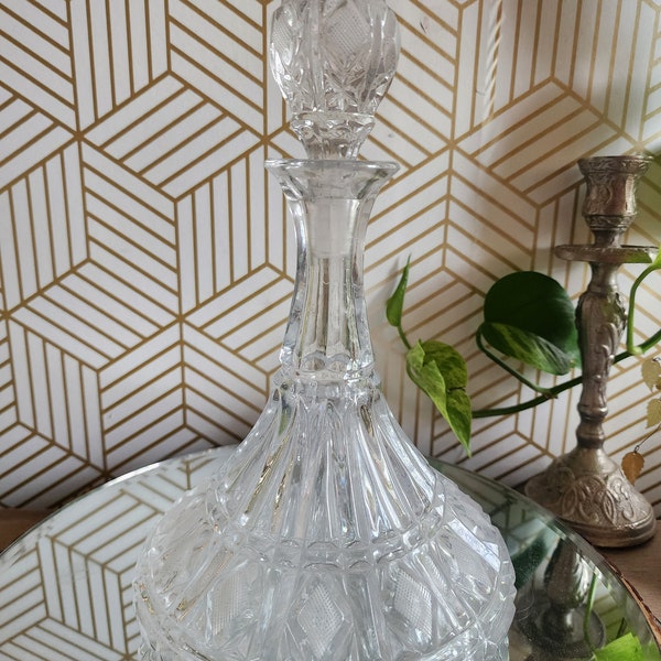 Vintage Toscany Crystal Ship Diamond Cut Decanter - Cross Hatched Diamond Pattern