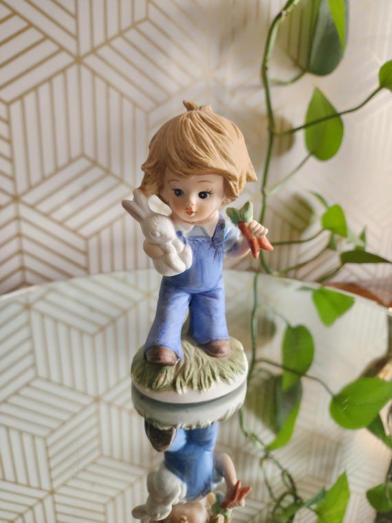 Vintage Homco Ceramic Little Boy with Bunny Figurine