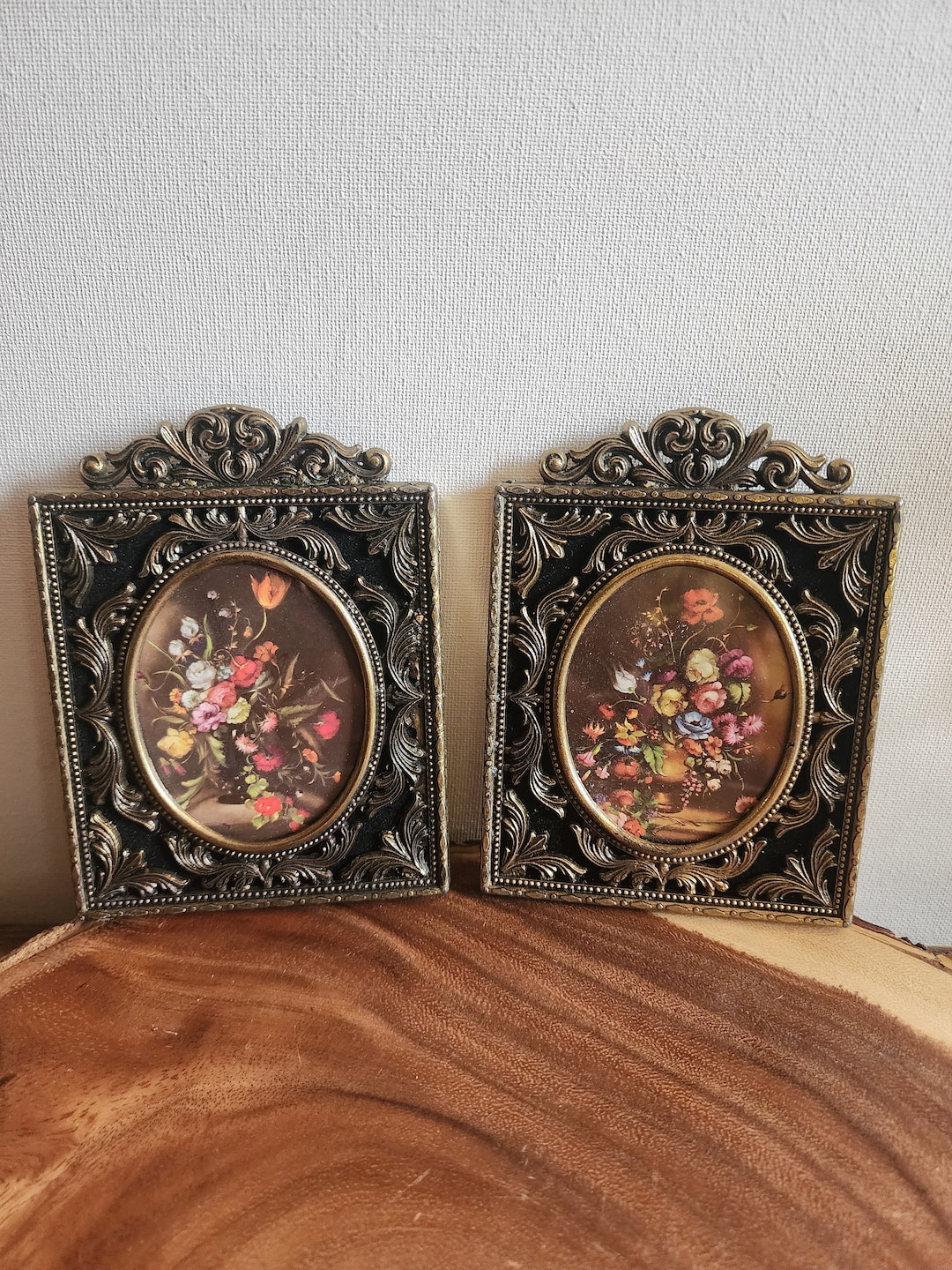 Pair of Vintage Ornate Brass Frames With Floral Prints Made in Italy - Etsy