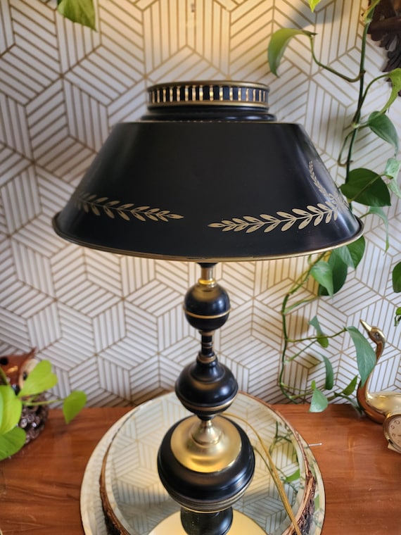 Vintage Black and Gold Brass Tolewear 3 Way Table Lamp