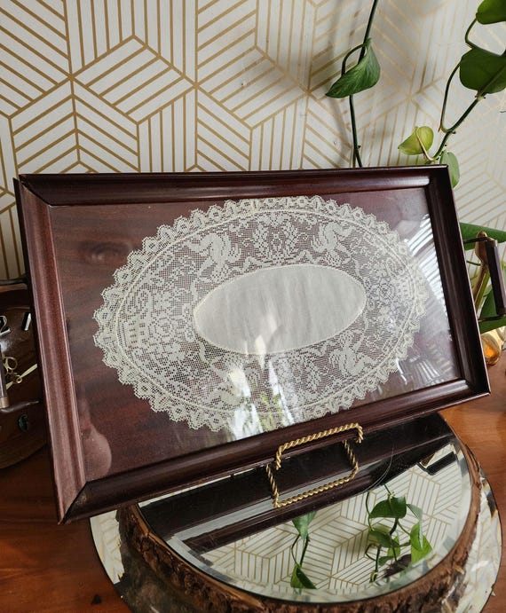 Vintage Wood Tray with Lace Doiley Under Glass 10x17