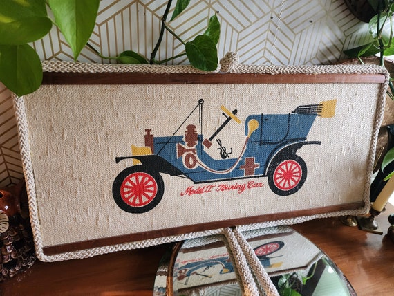 Vintage Painted Burlap Model T Wall Decor 14" x 30"